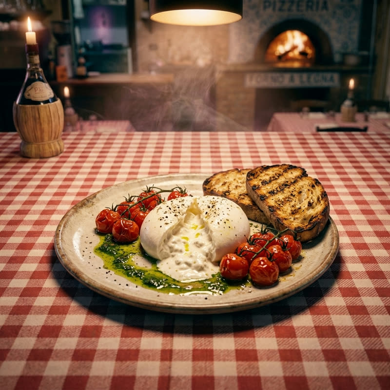 Burrata met geroosterde tomaten en brood