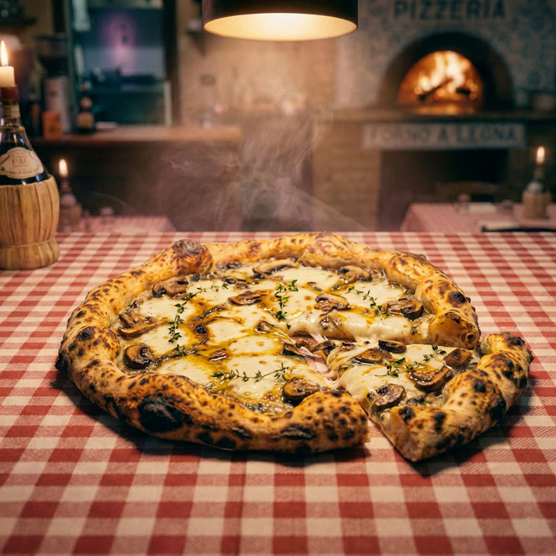 Funghi-pizza met paddenstoelen en truffel