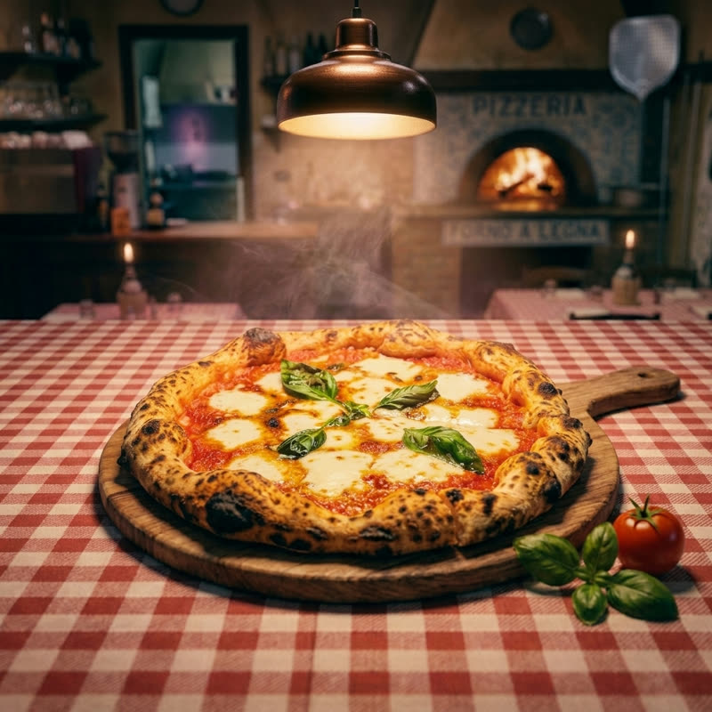 Margherita-pizza op een houten plank