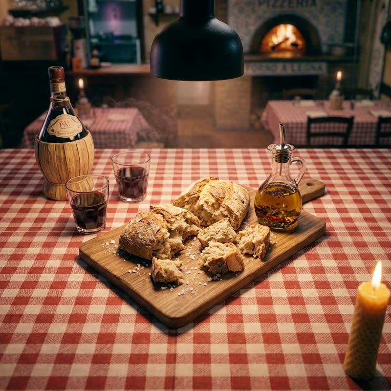Chianti-fles met twee glazen wijn en brood
